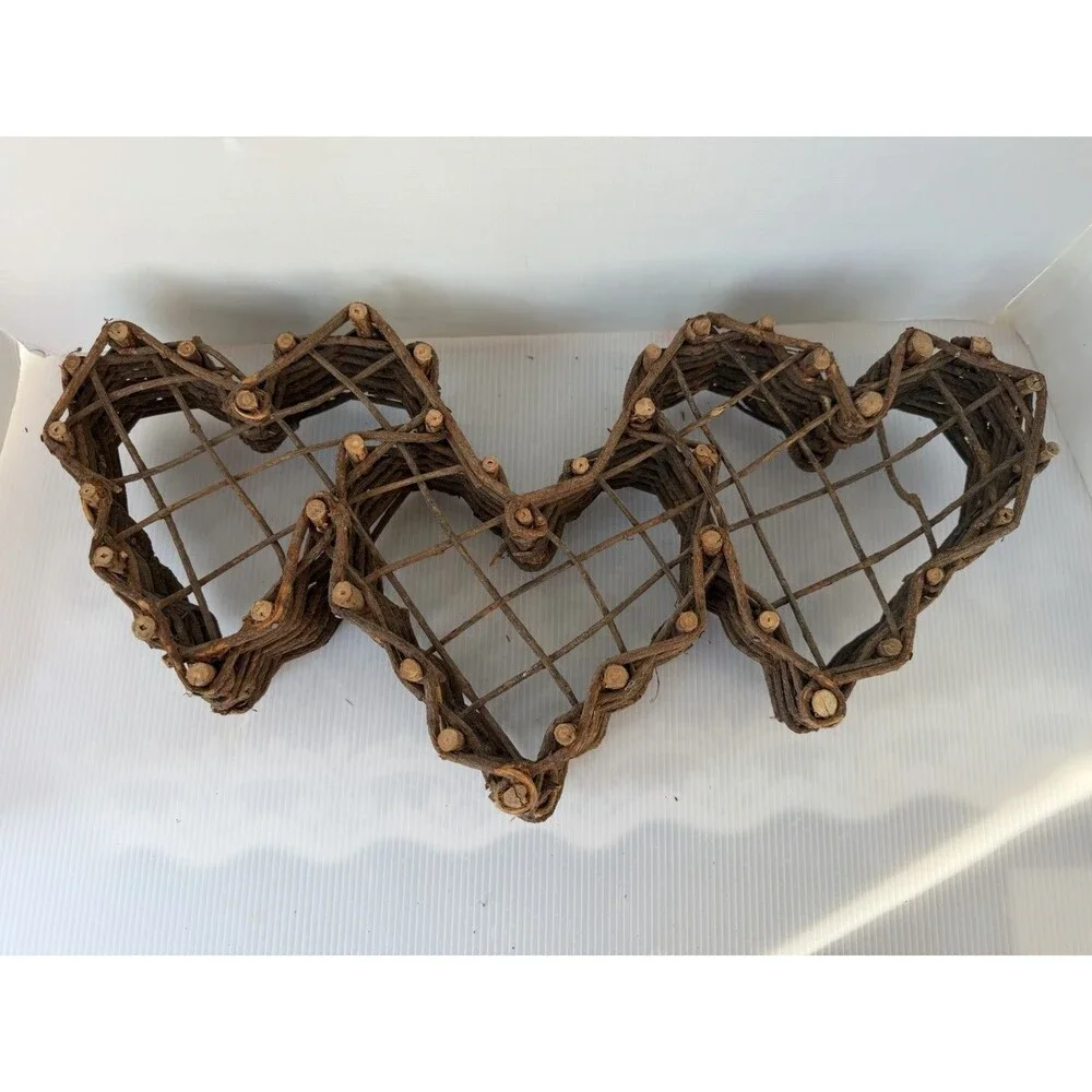 Vintage Grapevine Triple Heart Wall Hanging Basket Wicker Wood Farmhouse Decor